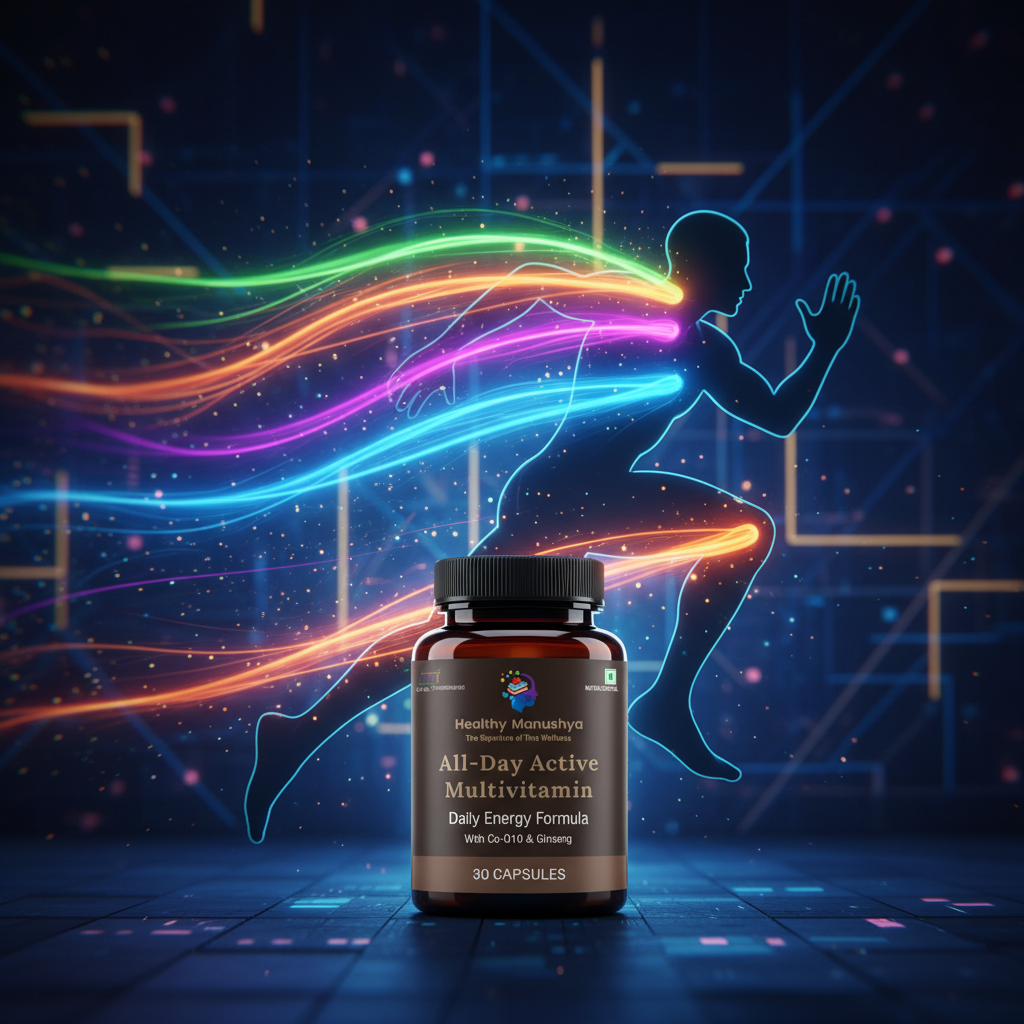 Healthy Manushya All-Day Active Multivitamin – Daily Energy Formula with Co-Q10 & Ginseng – 30 Capsules