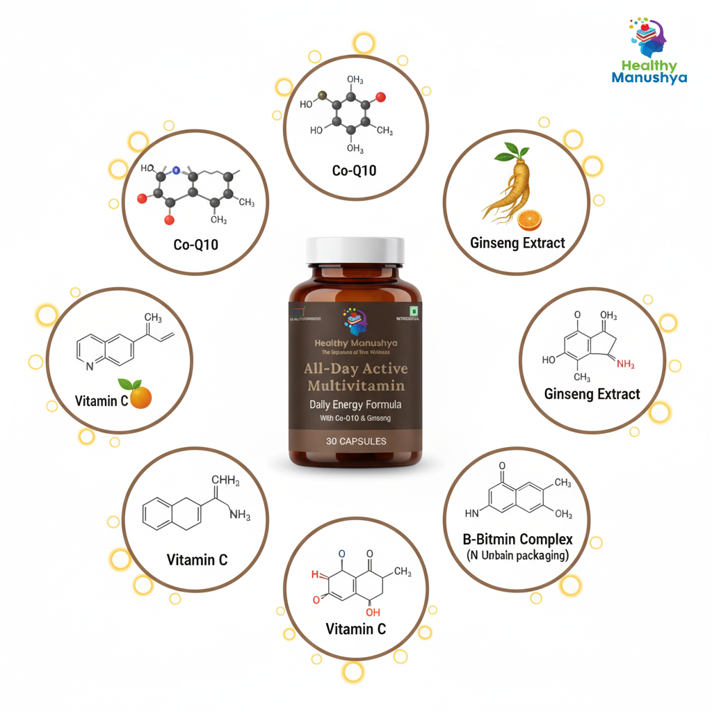 Healthy Manushya All-Day Active Multivitamin – Daily Energy Formula with Co-Q10 & Ginseng – 30 Capsules