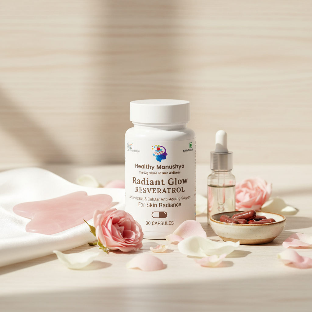 Healthy Manushya Radiant Glow – Resveratrol Antioxidant Capsules (For Skin Radiance & Anti-Ageing Support) – 30 Capsules