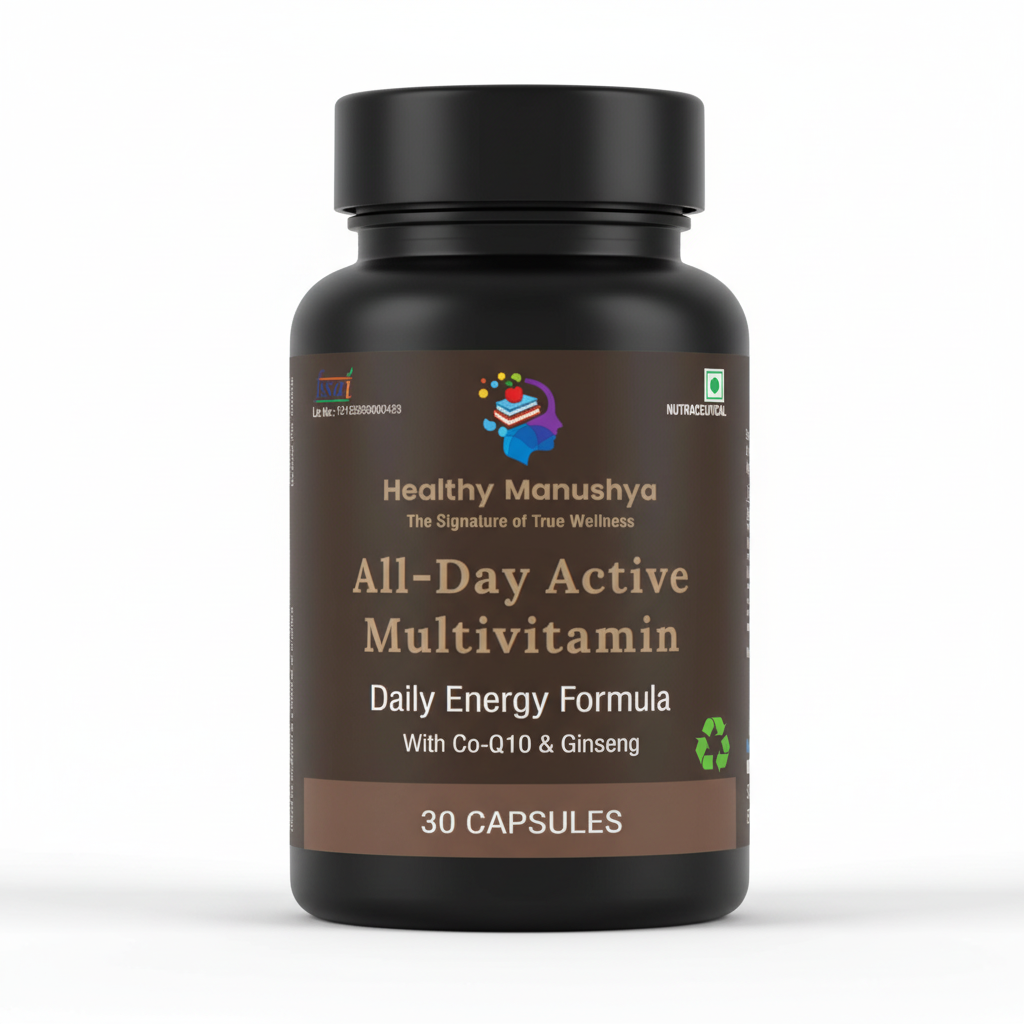 Healthy Manushya All-Day Active Multivitamin – Daily Energy Formula with Co-Q10 & Ginseng – 30 Capsules
