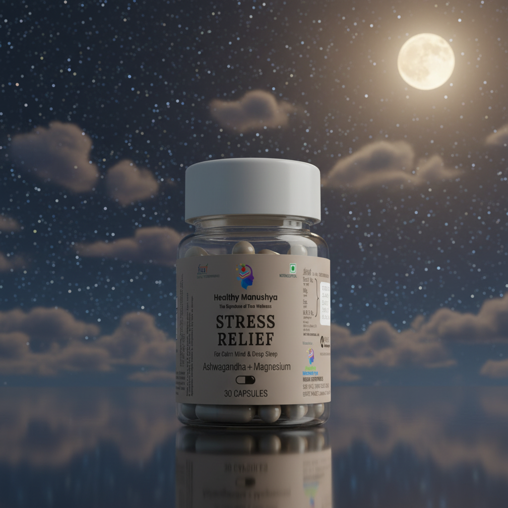 Healthy Manushya Stress Relief – Ashwagandha + Magnesium Capsules (For Calm Mind & Deep Sleep) – 30 Capsules