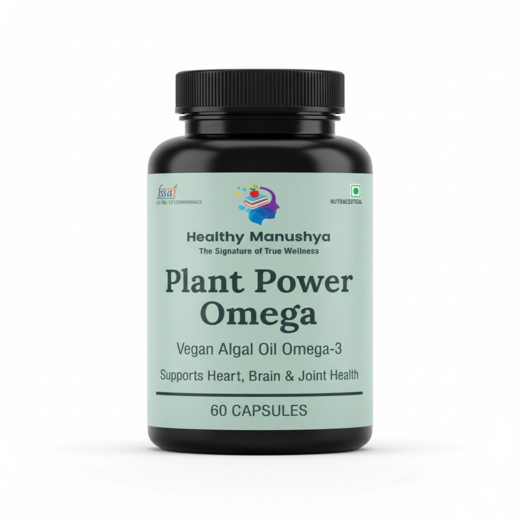 Healthy Manushya Plant Power Omega – Vegan Algal Oil Omega-3 (Supports Heart, Brain & Joint Health) – 60 Capsules