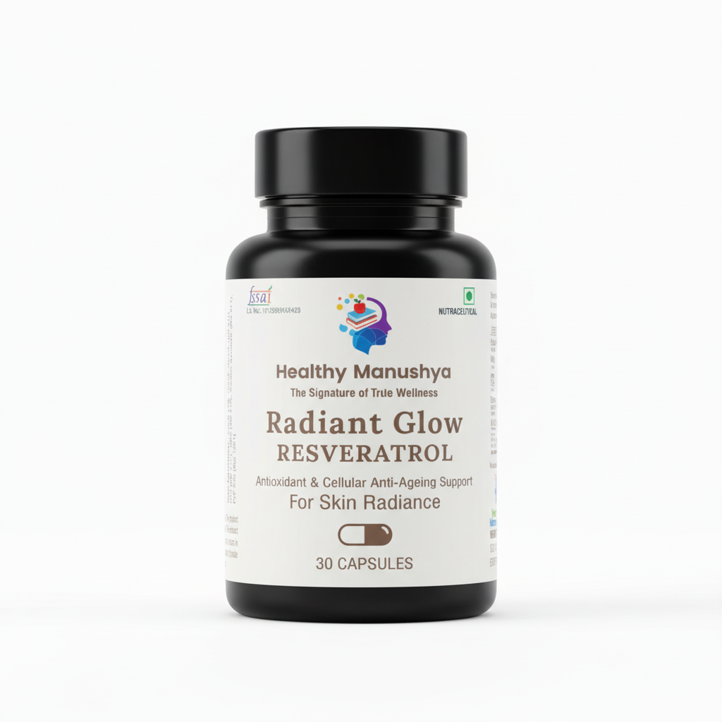 Healthy Manushya Radiant Glow – Resveratrol Antioxidant Capsules (For Skin Radiance & Anti-Ageing Support) – 30 Capsules