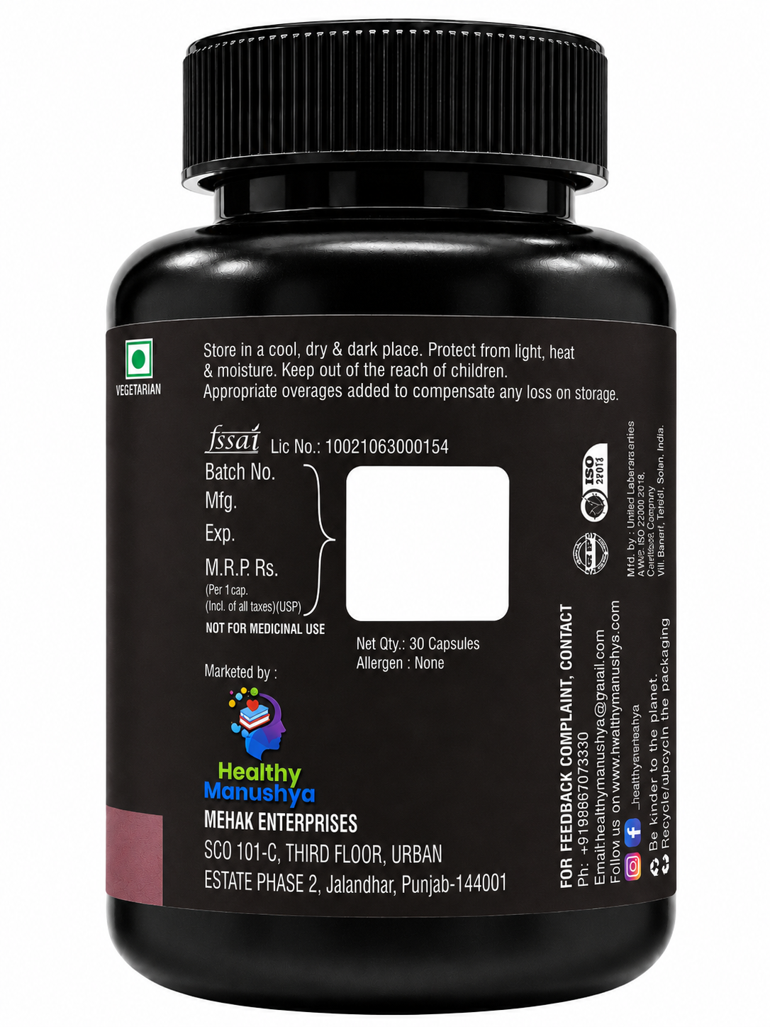 Healthy Manushya All-Day Active Multivitamin with Co-Q10 & Ginseng, 30 vegetarian capsules
