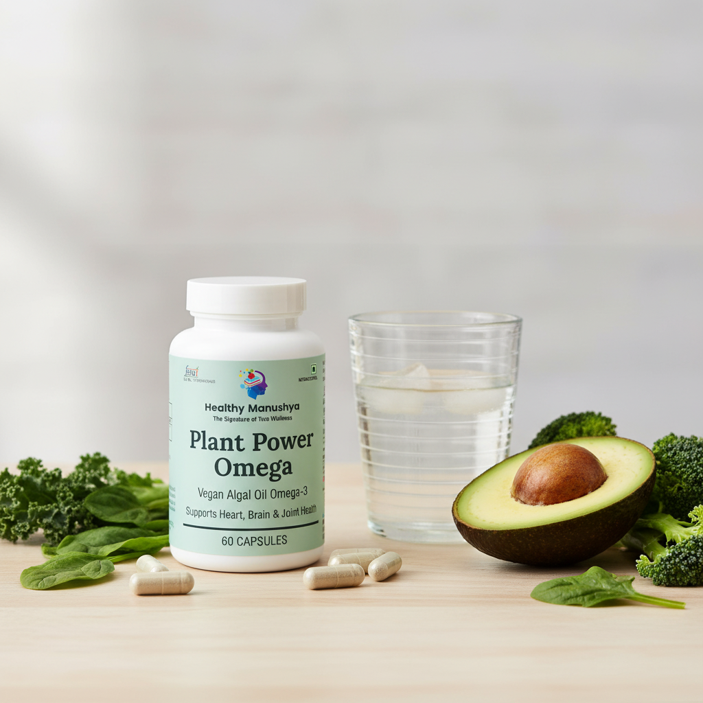 Healthy Manushya Plant Power Omega – Vegan Algal Oil Omega-3 (Supports Heart, Brain & Joint Health) – 60 Capsules