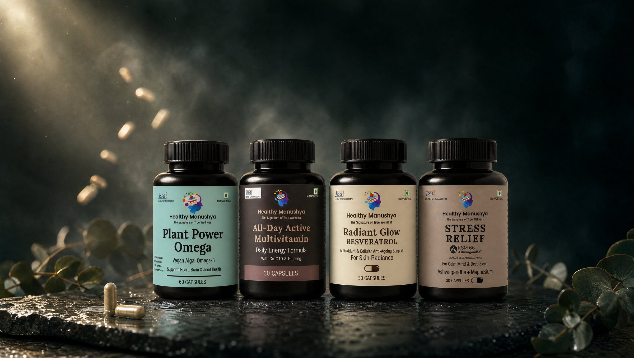 All four Healthy Manushya formulas on a stone counter in morning light