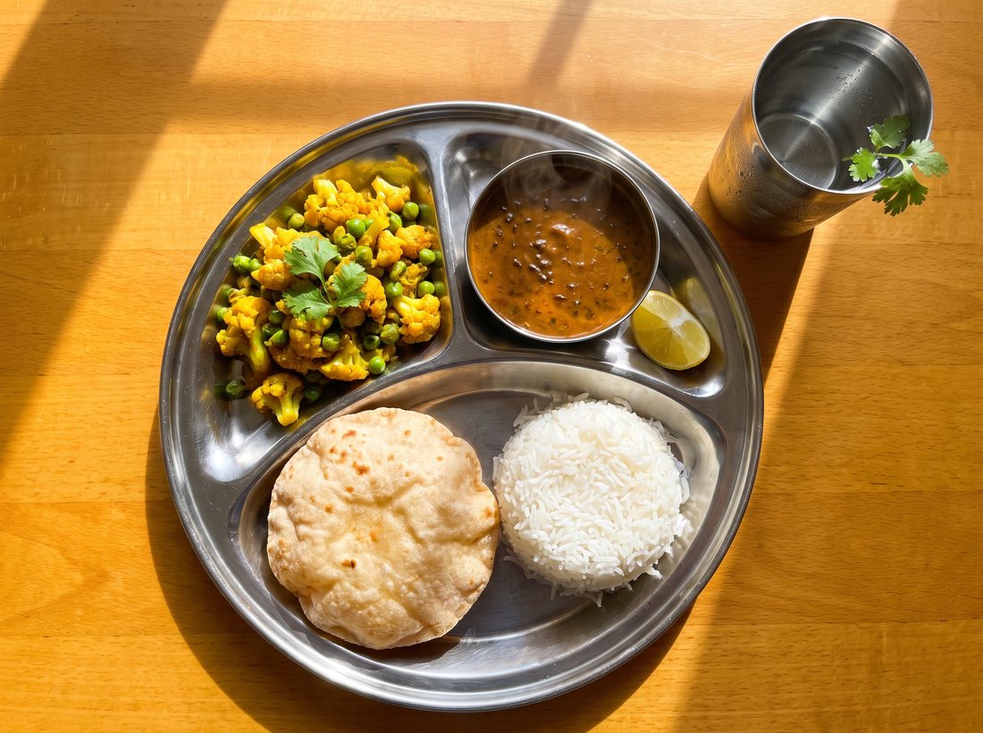 A portioned Indian meal in a steel container